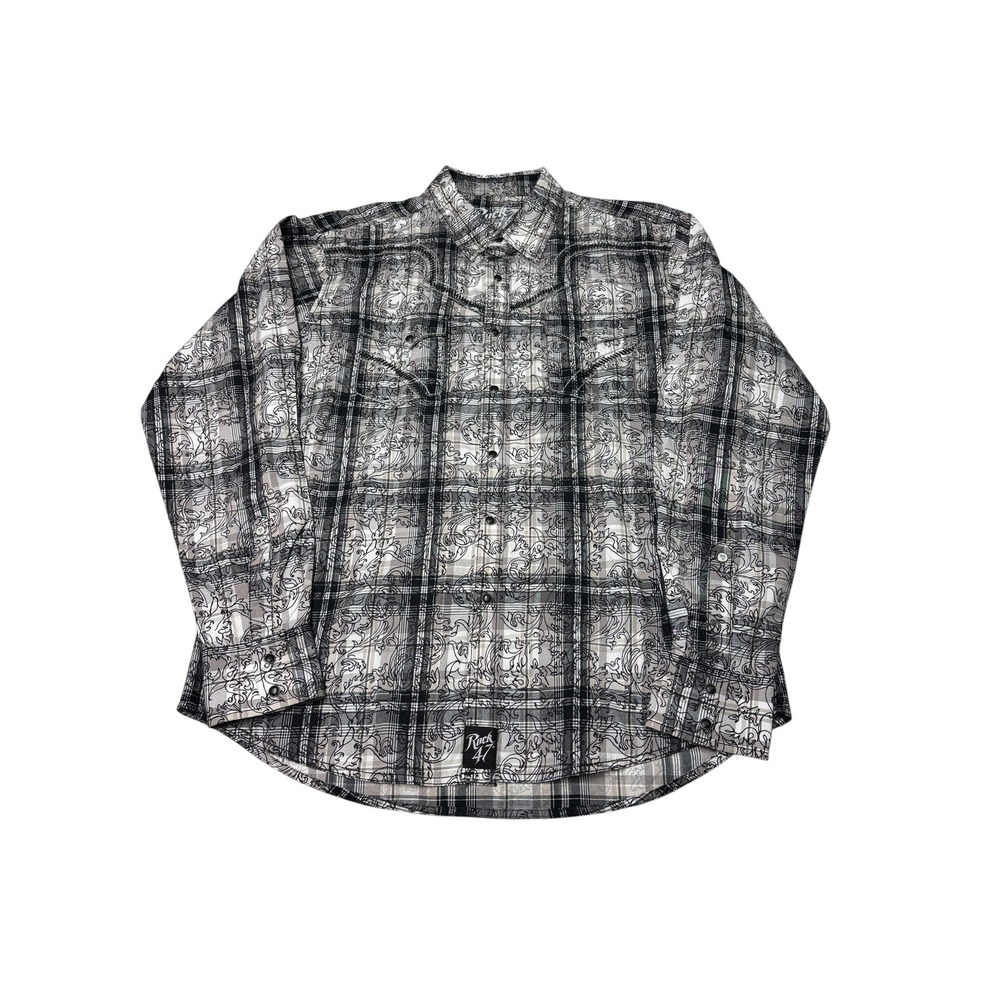 Rock 47 Wrangler Mens XL Western Snap Shirt Plaid Floral Filigree MRC425X